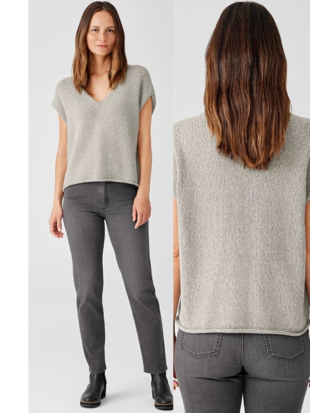EILEEN FISHER Baby Alpaca Peruvian Cotton V-Neck Top Gray Size XL
